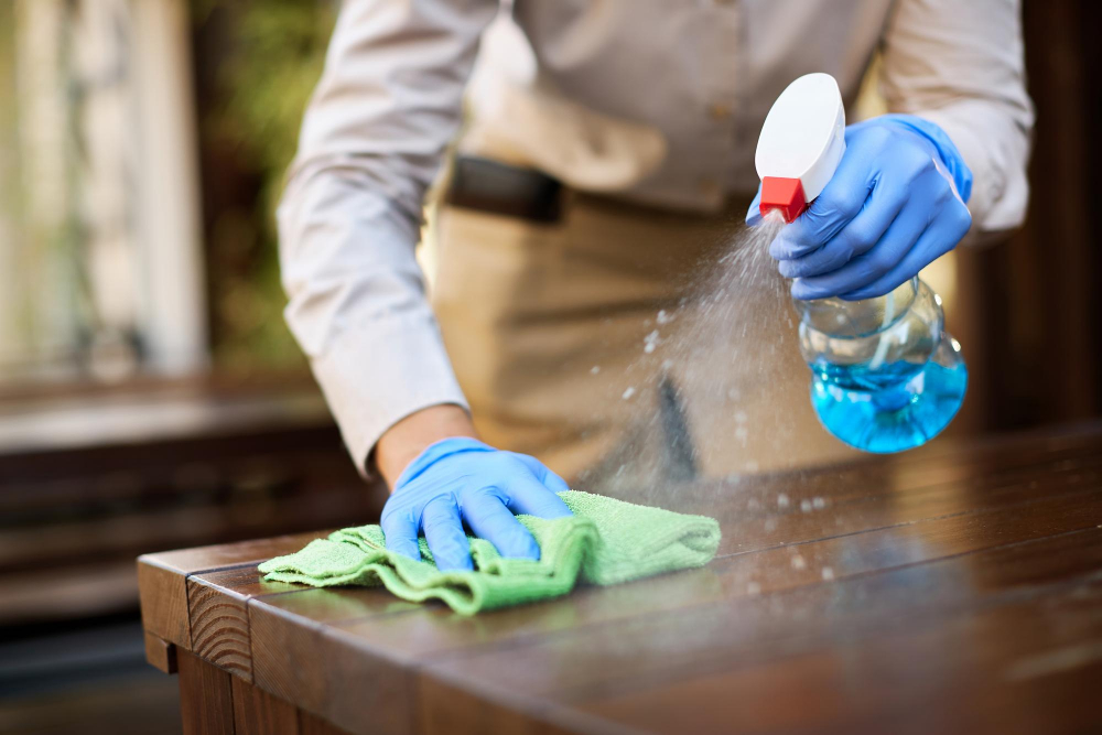 Woman cleaning a transparent window